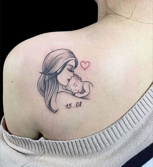 Traditional Mom Heart Tattoo -  Motherhood Mom and Baby Tattoo