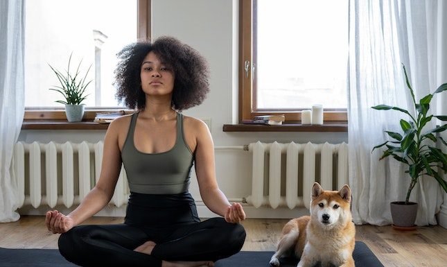 Tips for Creating a Serene Yoga Haven in Your Home a woman practicing yoga next to her dog