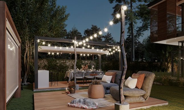 Outdoor Living Spaces: Designing the Perfect Patio a modern villa with outdoor kitchen and living area, decorated with lights in the evening